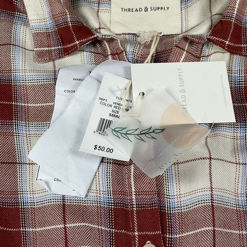 Thread & Supply Relaxed Fit Plaid Button Down Shirt Red Cream Blue S Layering - Picture 3 of 8
